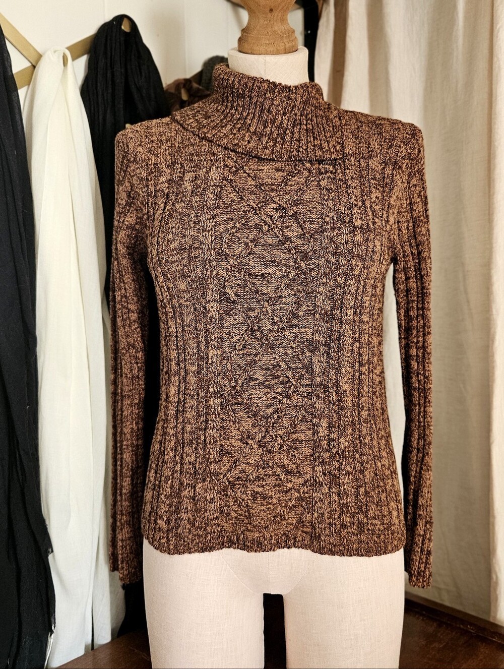 Norton McNaughton Brown Marled Cable Turtleneck Sweater